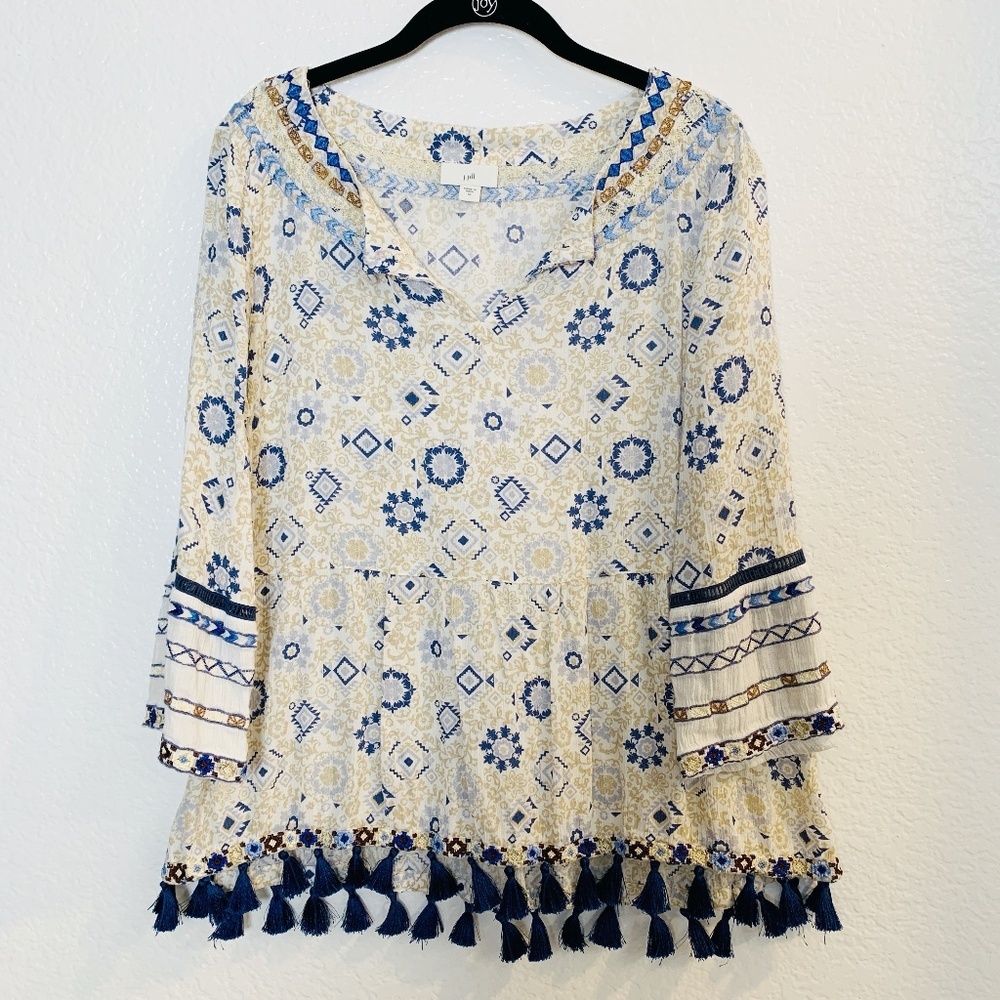J. Jill Peasant Top Size Medium Tassel Hem Cream Blue Tan Flowy Embroidered Boho